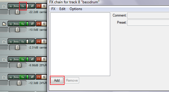 Step 01 - On the source track, Open the FX Panel and click on 'Add' Step 01 - On the source track, Open the FX Panel and click on 'Add'
